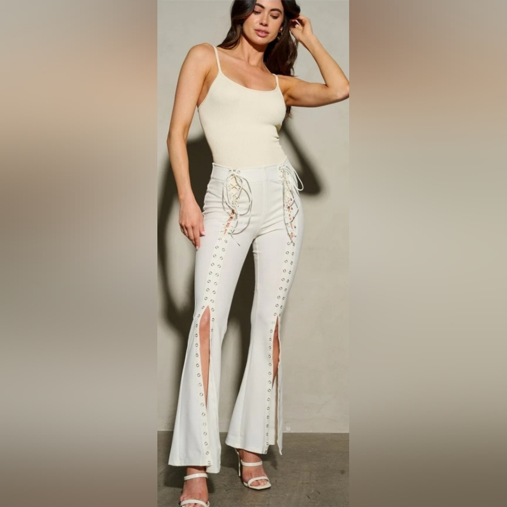 Make An Offer- Cream Front Lace-Up Bell Bottom Women Pants
